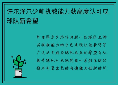 许尔泽尔少帅执教能力获高度认可成球队新希望